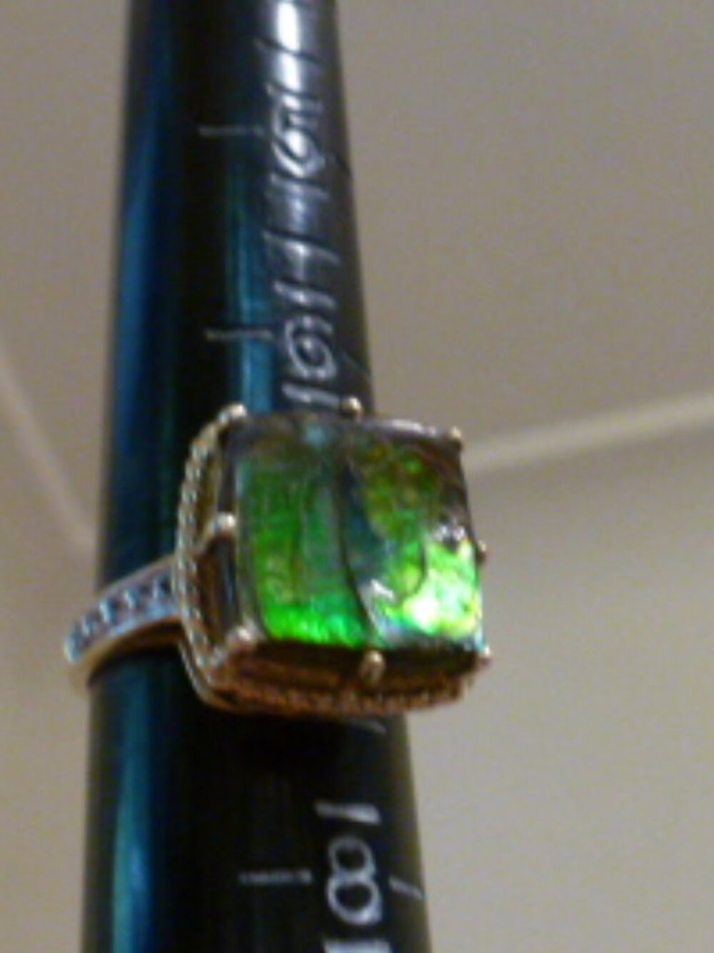 9K British Gold Canadian ammolite and diamond ring size 7